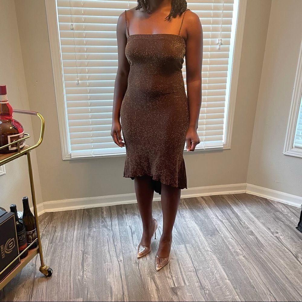 PIA Vintage Brown metallic gold bronze hi-lo dress - Picture 4 of 16